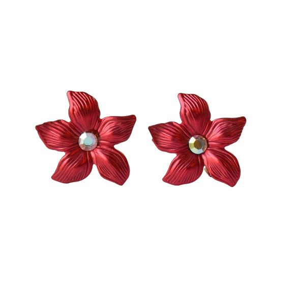 1990s Red Enamel White Rhinestone Christmas Holiday Flower Clip  Earrings - Picture 1 of 3